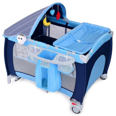 Foldable Baby Crib - Playpen with Mosquito Net and Bag, Blue