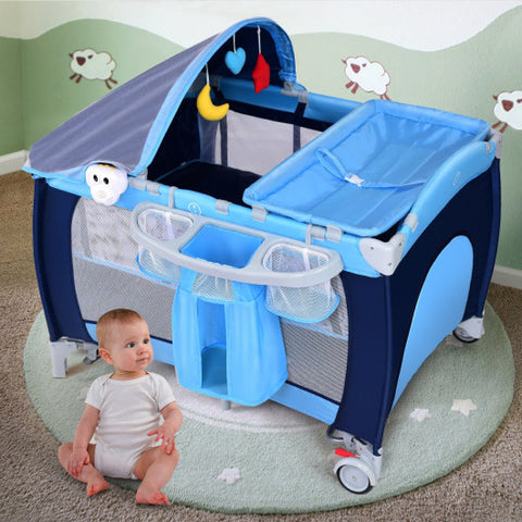 Foldable Baby Crib - Playpen with Mosquito Net and Bag, Blue