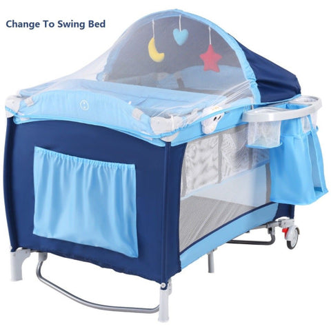 Foldable Baby Crib - Playpen with Mosquito Net and Bag, Blue