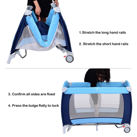 Foldable Baby Crib - Playpen with Mosquito Net and Bag, Blue