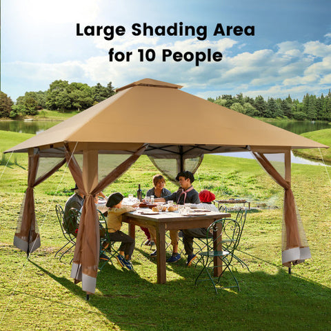 Instant Pop Up Canopy - 13 x 13 Feet Tent with Mesh Sidewall, Coffee
