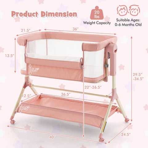 Height Adjustable Bassinet - Bedside Sleeper with Storage Bag, Soft Mattress, and Mesh Cover for Baby, Pink
