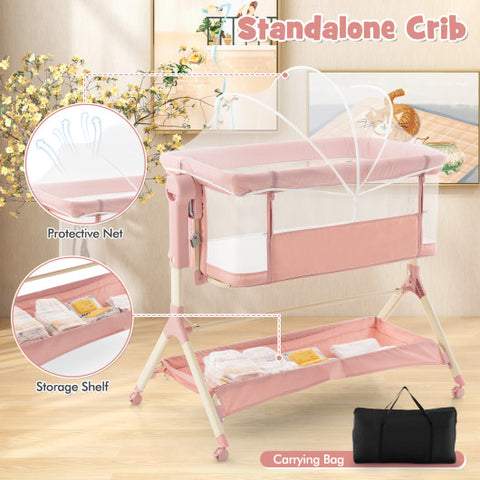 Height Adjustable Bassinet - Bedside Sleeper with Storage Bag, Soft Mattress, and Mesh Cover for Baby, Pink