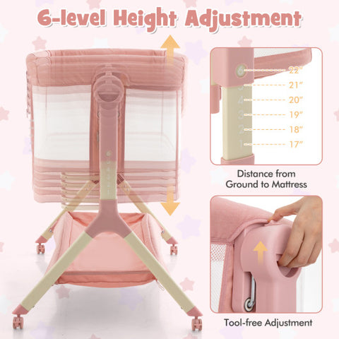 Height Adjustable Bassinet - Bedside Sleeper with Storage Bag, Soft Mattress, and Mesh Cover for Baby, Pink