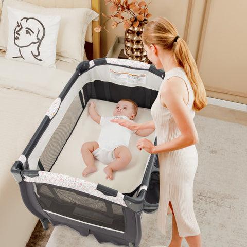 4 in 1 Pack and Play - Portable Baby Nursery Center with Bassinet, Heart Pink