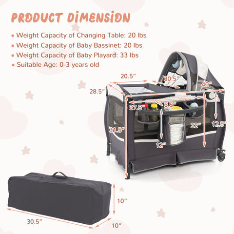 4 in 1 Pack and Play - Portable Baby Nursery Center with Bassinet, Heart Pink