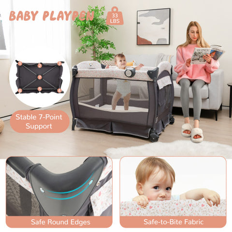 4 in 1 Pack and Play - Portable Baby Nursery Center with Bassinet, Heart Pink