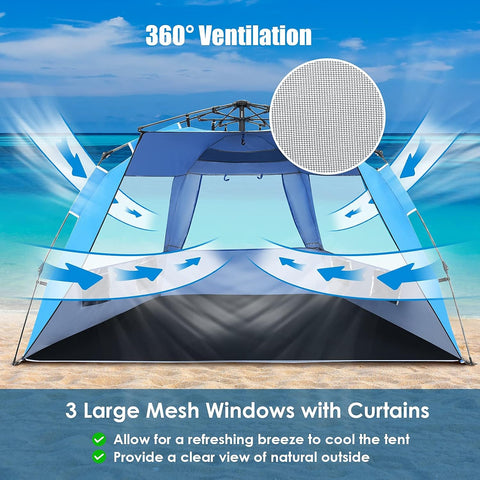 3-4 Person Easy Pop up Beach Tent, UPF 50+ Portable Sun Shelter W/ 3 Ventilation Windows, Zippered Front Porch, 4 Storage Pockets & Carrying Bag, Instant Beach Sun Shade with 8.5Mm Rod