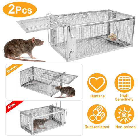 2 Pack Rat Trap Cage Humane Live Rodent Trap Cage Galvanized Iron Mice Mouse Control Bait Catch with Detachable U Shaped Rod