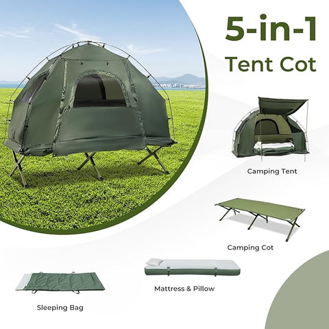 Foldable Camping Tent - 5-in-1 2-Person Outdoor Tent Cot with Air Mattress and Sleeping Bag