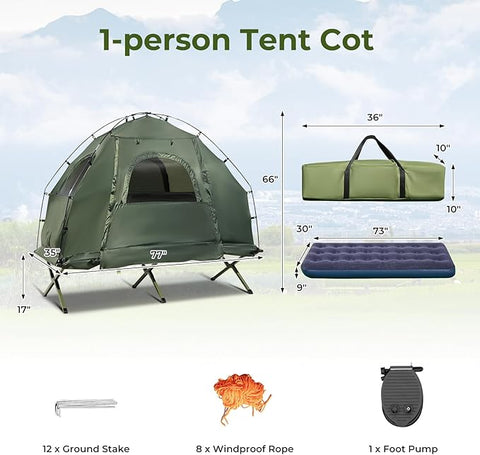 Foldable Camping Tent - 5-in-1 2-Person Outdoor Tent Cot with Air Mattress and Sleeping Bag