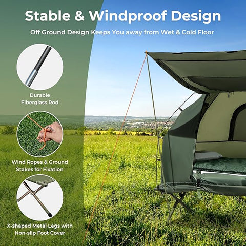 Foldable Camping Tent - 5-in-1 2-Person Outdoor Tent Cot with Air Mattress and Sleeping Bag