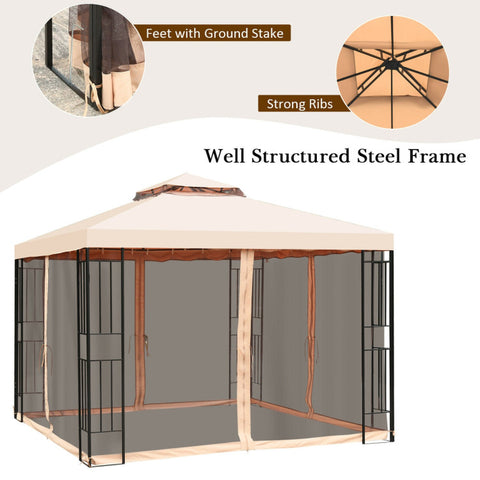 10 X 10 Feet 2-Tier Vented Metal Canopy with Mosquito Netting