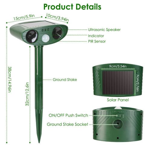 Solar Ultrasonic Animal Rat Repeller Repellent PIR Motion