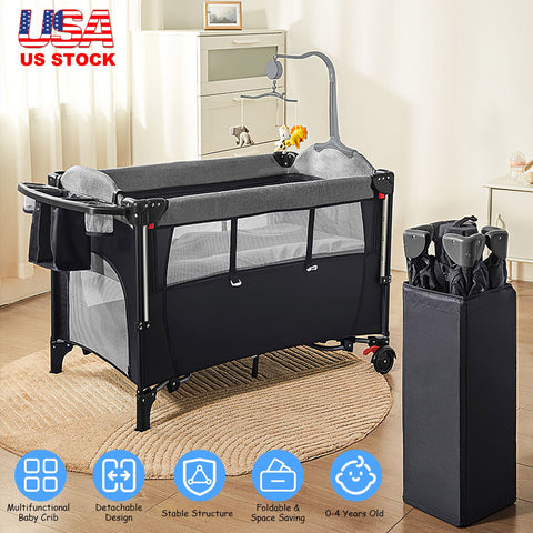 6 In 1 Foldable Baby Crib with Activity Center Diaper Changing Table Mosquito Net Mattress Music Box Toys Storage Tray Baby Bassinet Baby Sleeper
