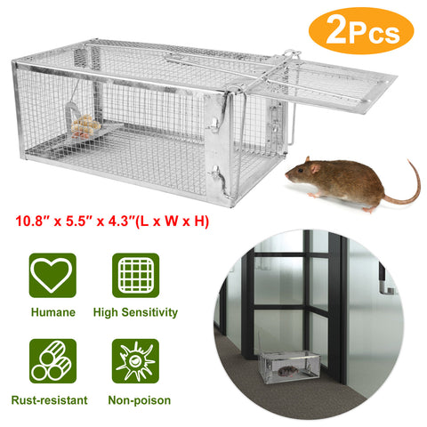 2 Pack Rat Trap Cage Humane Live Rodent Trap Cage Galvanized Iron Mice Mouse Control Bait Catch with Detachable U Shaped Rod