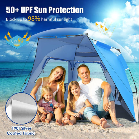 3-4 Person Easy Pop up Beach Tent, UPF 50+ Portable Sun Shelter W/ 3 Ventilation Windows, Zippered Front Porch, 4 Storage Pockets & Carrying Bag, Instant Beach Sun Shade with 8.5Mm Rod