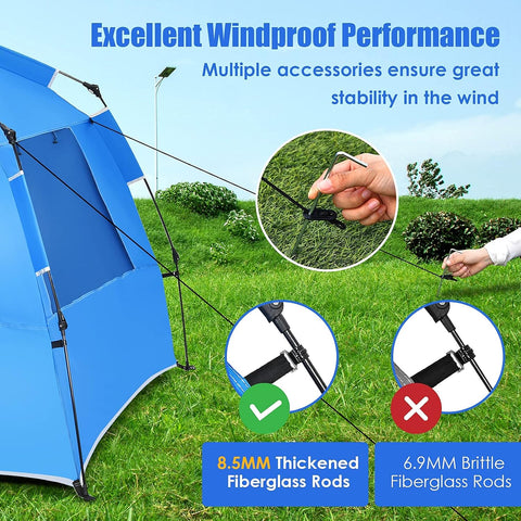 3-4 Person Easy Pop up Beach Tent, UPF 50+ Portable Sun Shelter W/ 3 Ventilation Windows, Zippered Front Porch, 4 Storage Pockets & Carrying Bag, Instant Beach Sun Shade with 8.5Mm Rod