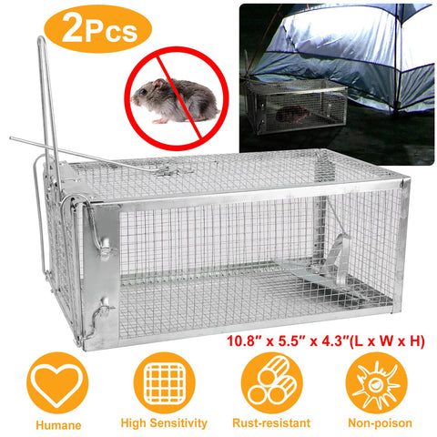 2 Pack Rat Trap Cage Humane Live Rodent Trap Cage Galvanized Iron Mice Mouse Control Bait Catch with Detachable U Shaped Rod