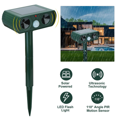 Ultrasonic Animal Repellent - Solar Powered Motion Sensor Repeller, IPX4 Waterproof