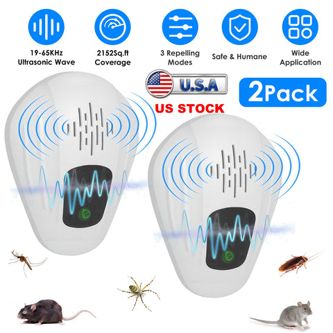 2 Pack Pest Control Device for Mosquitoes Cockroaches Rats Plug In Ultrasonic Insect Repellent Indoor for Bedroom Garage Warehouse Office