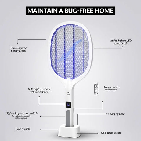 Electric Bug Zapper, Instant Fly Swatter Rechargeable Racket for Indoor and Outdoor