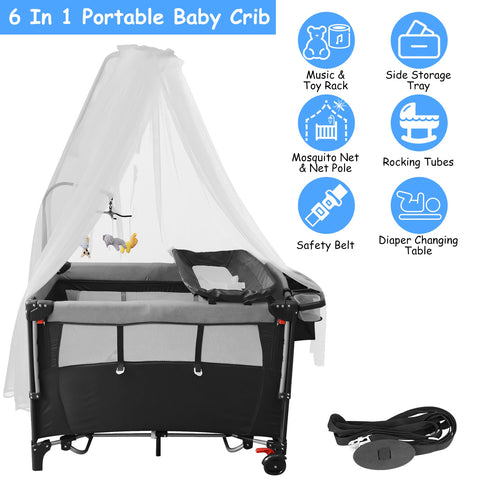 6 In 1 Foldable Baby Crib with Activity Center Diaper Changing Table Mosquito Net Mattress Music Box Toys Storage Tray Baby Bassinet Baby Sleeper