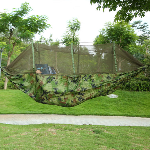 600lbs Load 2 Persons Hammock w/Mosquito Net Outdoor Hiking Camping Hommock Portable Nylon Swing Hanging Bed w/ Strap Hook Carry Bag