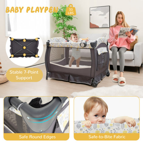 4 in 1 Pack and Play - Portable Baby Nursery Center with Bassinet, Yellow