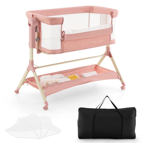 Height Adjustable Bassinet - Bedside Sleeper with Storage Bag, Soft Mattress, and Mesh Cover for Baby, Pink
