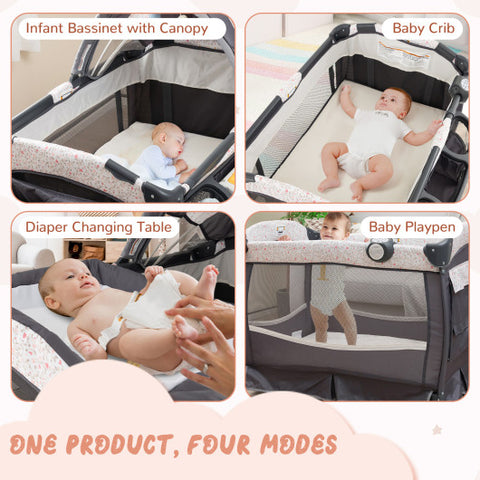 4 in 1 Pack and Play - Portable Baby Nursery Center with Bassinet, Heart Pink