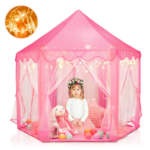 Princess Castle Play Tent for Toddlers Girls Hexagon Playhouse with Star Lights Indoor Polyester Toys