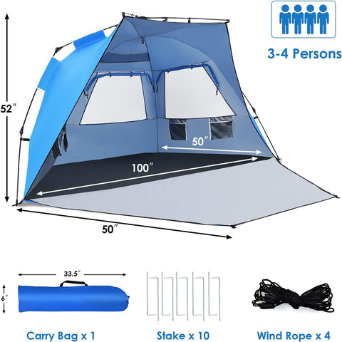 3-4 Person Easy Pop up Beach Tent, UPF 50+ Portable Sun Shelter W/ 3 Ventilation Windows, Zippered Front Porch, 4 Storage Pockets & Carrying Bag, Instant Beach Sun Shade with 8.5Mm Rod