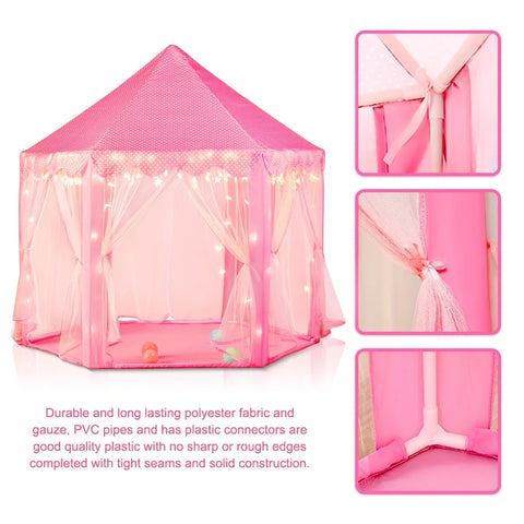 Princess Castle Play Tent for Toddlers Girls Hexagon Playhouse with Star Lights Indoor Polyester Toys