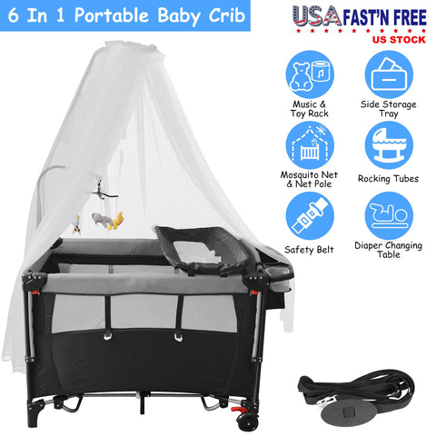 6 In 1 Foldable Baby Crib with Activity Center Diaper Changing Table Mosquito Net Mattress Music Box Toys Storage Tray Baby Bassinet Baby Sleeper