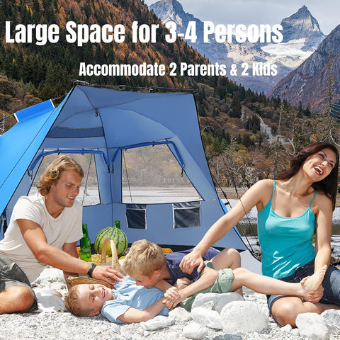 3-4 Person Easy Pop up Beach Tent, UPF 50+ Portable Sun Shelter W/ 3 Ventilation Windows, Zippered Front Porch, 4 Storage Pockets & Carrying Bag, Instant Beach Sun Shade with 8.5Mm Rod