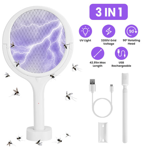 iMounTEK 3-in-1 Electric Bug Zapper Racket – 90° Rotating Telescopic Wand