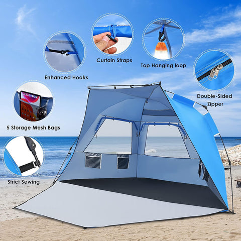 3-4 Person Easy Pop up Beach Tent, UPF 50+ Portable Sun Shelter W/ 3 Ventilation Windows, Zippered Front Porch, 4 Storage Pockets & Carrying Bag, Instant Beach Sun Shade with 8.5Mm Rod