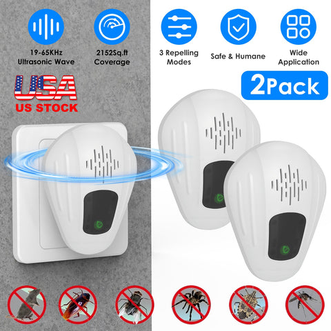 2 Pack Pest Control Device for Mosquitoes Cockroaches Rats Plug In Ultrasonic Insect Repellent Indoor for Bedroom Garage Warehouse Office