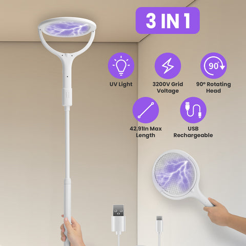 iMounTEK 3-in-1 Electric Bug Zapper Racket – 90° Rotating Telescopic Wand
