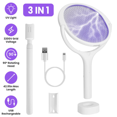 iMounTEK 3-in-1 Electric Bug Zapper Racket – 90° Rotating Telescopic Wand
