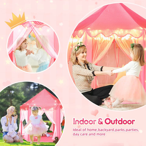 Princess Castle Play Tent for Toddlers Girls Hexagon Playhouse with Star Lights Indoor Polyester Toys