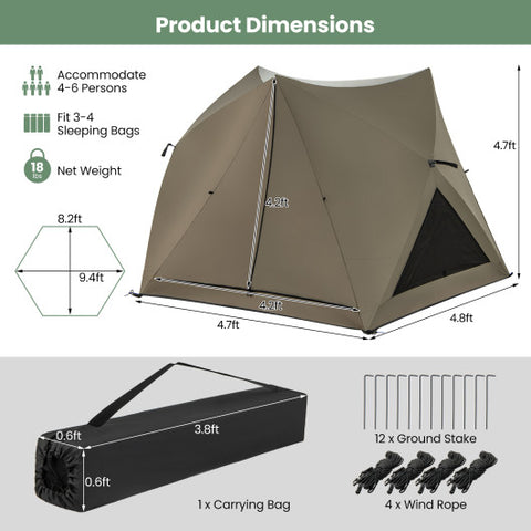 Family Tent Camping - 6-Sided Pop-up Tent with Rainfly Skylight, 3 Doors, 3 Windows, Green