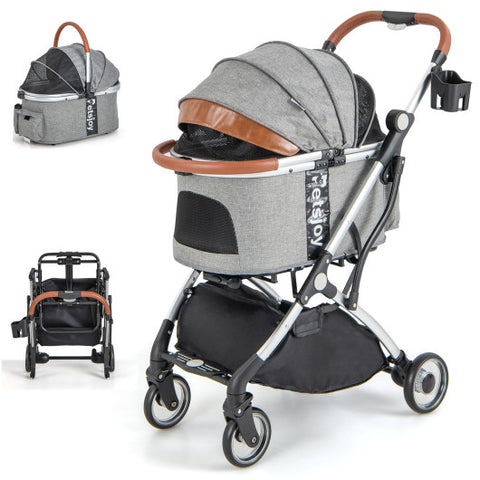 Foldable Pet Stroller - Dog and Cat Stroller with Removable Waterproof Cover in Dark Gray