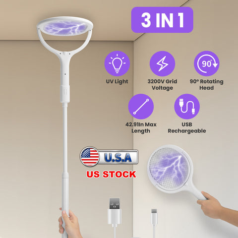 iMounTEK 3-in-1 Electric Bug Zapper Racket – 90° Rotating Telescopic Wand