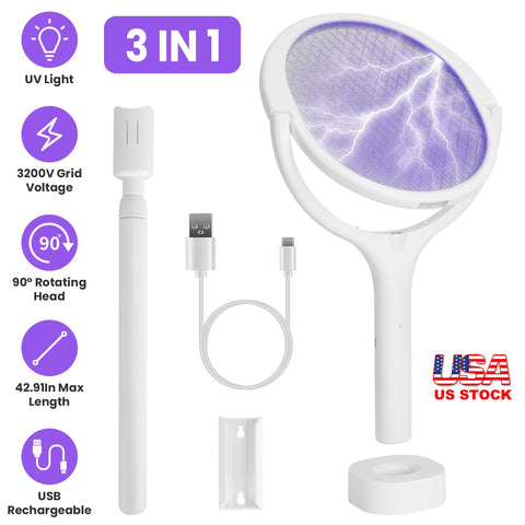 iMounTEK 3-in-1 Electric Bug Zapper Racket – 90° Rotating Telescopic Wand